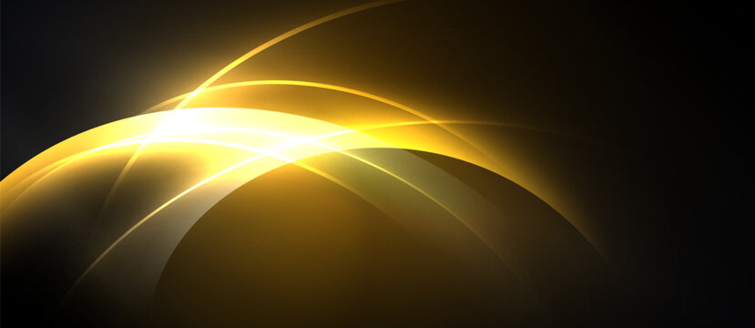 Abstract golden curves radiate from bright center. Dark background emphasizes luminous shapes, creating dynamic visual effect.