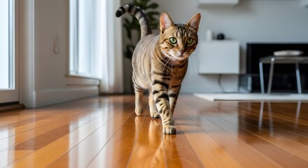 Domestic cat with piercing green eyes walking on polished wooden floor
