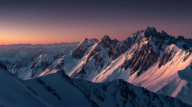 Snowy mountain range at dusk, warm horizon glow and peaceful vastness, HDR winter wallpaper