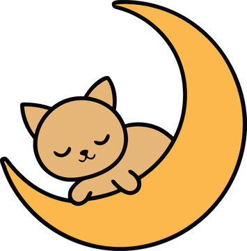 Adorable Kawaii Cat Sleeping On Crescent Moon