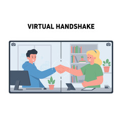 Two People Shaking Hands Across Computer Screens Representing Business Partnership and Global Connection with Cityscape Silhouette in Background