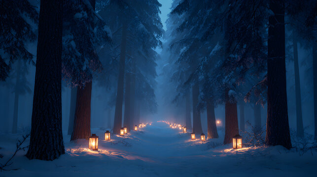 Snowy pine forest path illuminated by lanterns, blue-hour fog and cinematic perspective