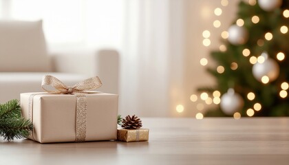 Gift giving celebration cozy living room holiday decor warm atmosphere close-up view christmas spirit and joy