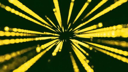 Abstract golden light rays burst from a central point creating a dynamic and energetic tunnel effect with glowing particles ideal for backgrounds intros or futuristic concepts.