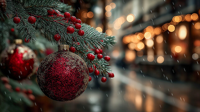 Christmas ornament with red bauble and pine branch, festive street lights and warm holiday atmosphere
