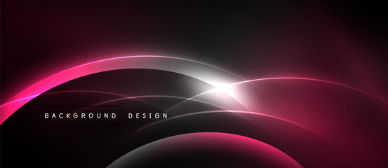 Abstract design features flowing pink lines, white highlights, dark background. Modern aesthetic, dynamic curves create visual interest.