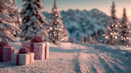 Magical pink Christmas forest with snow and gift boxes, glowing holiday lights and dreamy winter mood