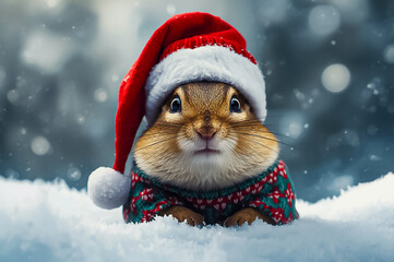 A Chipmunk standing in fluffy snow with winter clothes and Santa Claus hat.