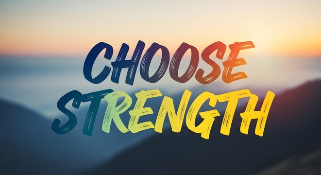 Inspirational motivational message with the phrase 'Choose Strength' displayed over a scenic sunset background, encouraging resilience and positivity