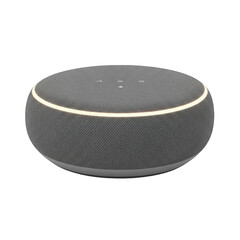 A gray amazon echo dot smart speaker, isolated on transparent background voicecontrolled device for home automation