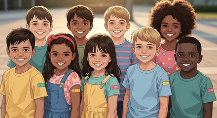 Diverse kids smiling with vaccine band-aids a post-vaccine celebration in the sunlight ideal for public health campaigns and childrens wellness