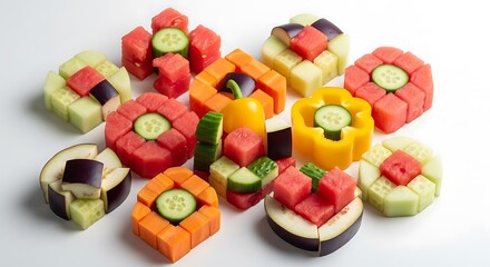 Vibrant Geometric Fruit and Vegetable Creations Healthy Diced Produce Arranged in Artistic Patterns for Unique Culinary Presentation