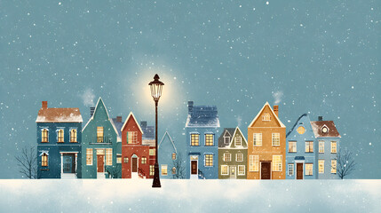 Vector Christmas village illustration with cozy houses, snow overlay and glowing lampposts, nostalgic charm for holiday card design
