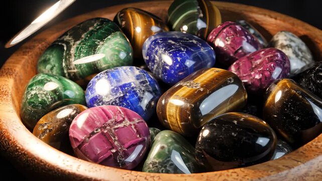 Polished Gemstones Displayed in Wooden Bowl, Close Up