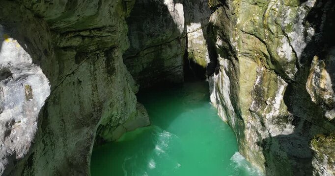 Velika korita Soče in the The Great Soča Gorge, Beautiful gorge with emerald coloured water flowing between the uniquely formed rocks, Triglav National Park, Julian Alps, Slovenia, Europe