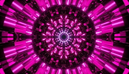 Tunnel vision into a complex, luminous, geometric mandala with pink hues. Sci-fi futuristic design