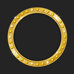 Realistic gold frame, template, label, reward. A round shiny gold frame, edged with diamonds, highlighted on a black background.