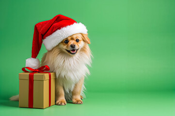 A cute Australian silky terrier dog wearing a Santa hat with a gift box sitting a side of soft green background.