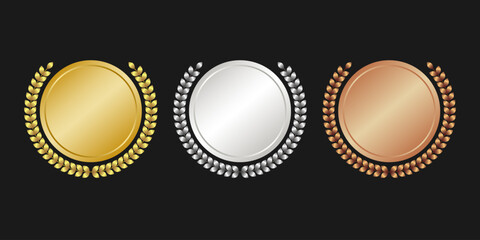 Elegant gold, silver and bronze medals with laurel wreaths for the winners, a luxurious symbol of the nominee for the award, the emblem of the award in the nomination. Vector illustration.