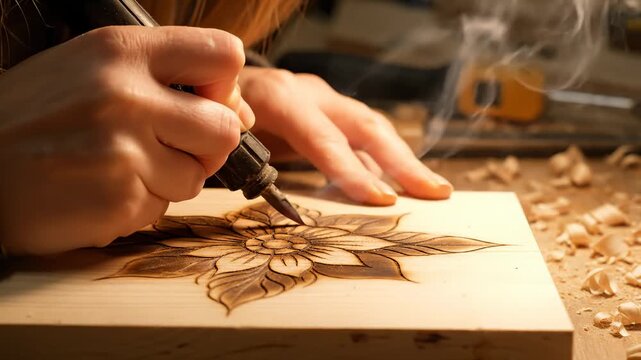 Wood Burning Art, Woman Pyrography Flower on Wood Plank