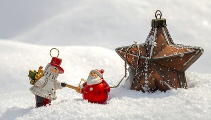 Two Santa figurines pull a star ornament through fresh, glistening snow on a bright, sunny day
