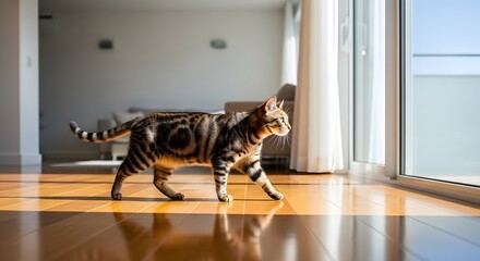 Tabby Cat Walking on Sunlit Wooden Floor Towards Bright Window