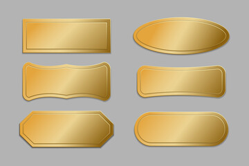 A set of empty gold frames isolated on a gray background. VIP gold labels of premium class, high-quality stamps and stickers, collection. 