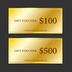Golden Gift Voucher for $100 and 500$ Luxury Premium Gift Voucher Design. Golden gift card design.