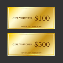 Golden Gift Voucher for $100 and 500$ Luxury Premium Gift Voucher Design. Golden gift card design.