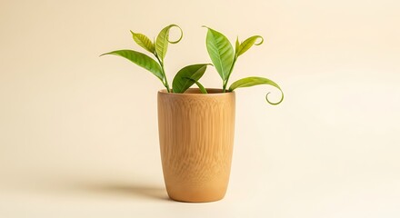 Obraz premium Green leaves sprout from a wooden cup against a soft beige backdrop creating a natural zen atmosphere