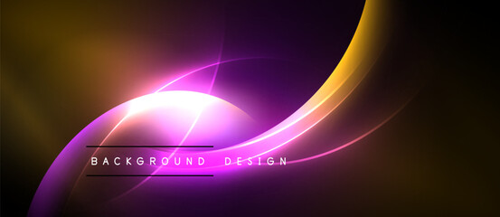 Abstract vibrant design features flowing curves, bright light, purple, orange hues. Modern digital illustration perfect backdrop.