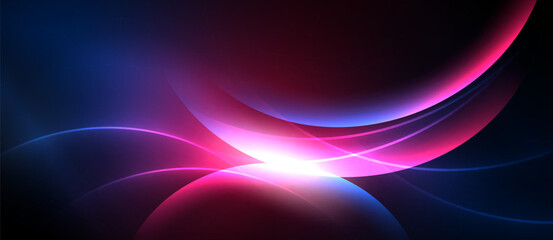 Abstract vibrant curves, flowing light. Blue, pink hues dominate dark background. Dynamic energy radiates from central glow.