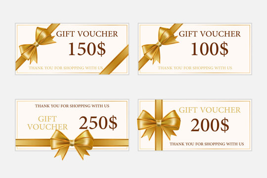 A set of gift certificates with a golden bow on 100$, 150$, 200$, 250$. Vector illustration