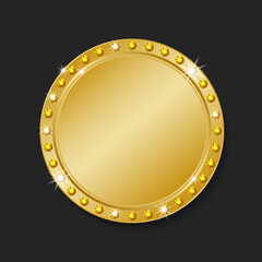 Realistic gold medal, template, label, award. An empty round shiny metal emblem, edged with diamonds, highlighted on a black background. Vector illustration