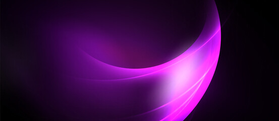 Abstract purple waves, glowing light, dark background. Smooth curves create dynamic visual effect. Minimalist design, modern aesthetic.