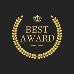 The best award. A golden laurel wreath with a golden crown isolated on a black background. Vector illustration