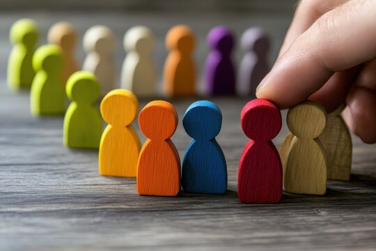 Diverse Team Alignment: A hand carefully positions a vibrant, colorful wooden figure within a circle of other figures, symbolizing teamwork, unity, and inclusion in a cooperative endeavor.