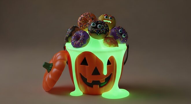 Halloween pumpkin candy bucket overflowing with spooky monster donuts and glowing green slime dessert