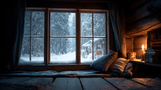 Winter cabin window view of falling snow, depth perspective and soft interior lighting, cozy emotional tone - Powered by Adobe