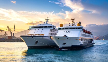 Two large white ferries are docked side-by-side against a scenic backdrop of a sunset sky and industrial harbor