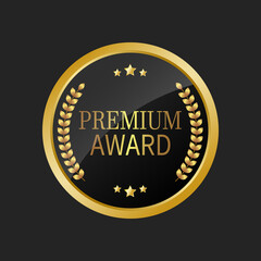Premium award. Realistic round medal with a golden laurel wreath and stars isolated on a black background. 