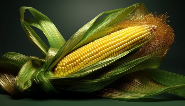 A Single Ear Of Fresh Green Corn Still Encased In Its Husks With Golden Silk Representing Harvest And Natural Produce