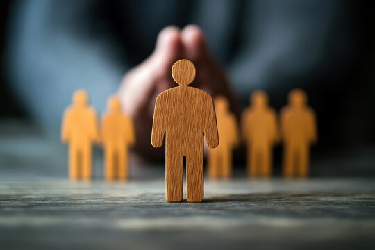 Chosen One: Wooden figurines symbolizing a person being selected from a crowd, highlighting the concept of choice, career, recruitment, or leadership. 