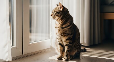 Profile view of a tabby cat sitting by a sunlit window on a wooden floor, observing the outdoors.