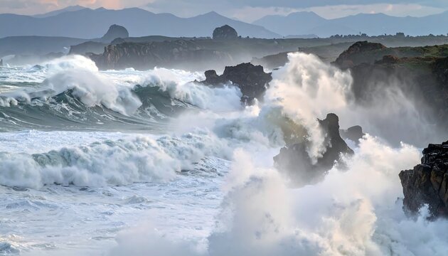 Turbulent ocean waves crash against dark coastal rocks under a sky with distant mountain silhouettes