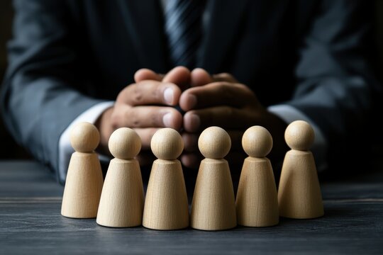 Strategic Oversight: A professional in a tailored suit, embodying authority and command, oversees a team of wooden figures.