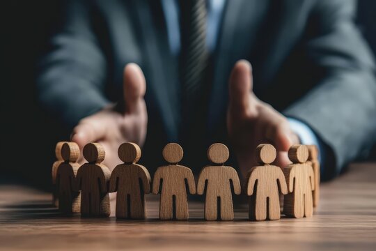 Shielding Support: A person in a suit, symbolizes the concept of protection and support by surrounding a circle of wooden figures, creating a visual metaphor for unity and safeguarding