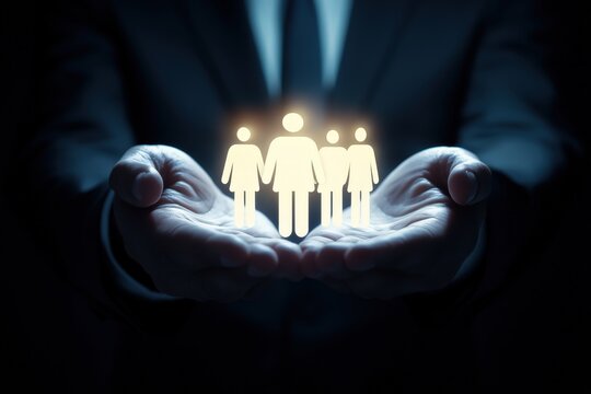 Empowering Human Connection: A pair of hands cradles a glowing, stylized human figure, radiating warmth and representing unity and support. The image evokes feelings of teamwork and cooperation.