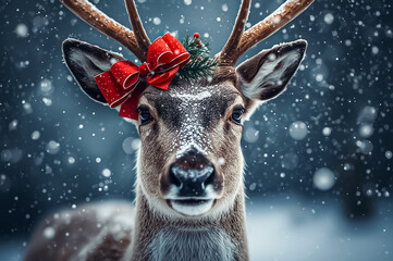 A portrait of reindeer with red ribbon bow standing in snow.
