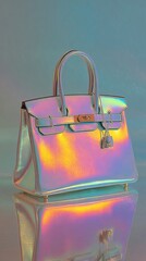 This luxury handbag showcases a stunning reflective holographic material, blending elegance with a modern twist for stylish individuals.